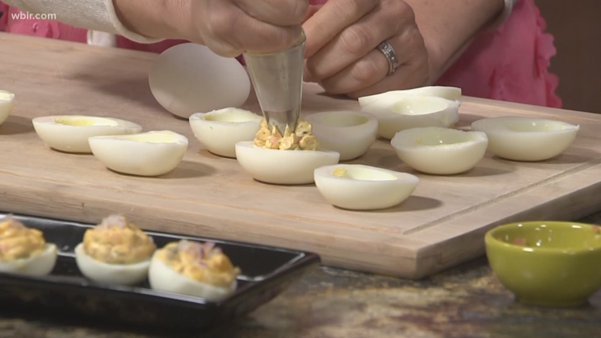 Mahasti Vafaie from The Tomato Head makes deviled eggs with smoked salmon.