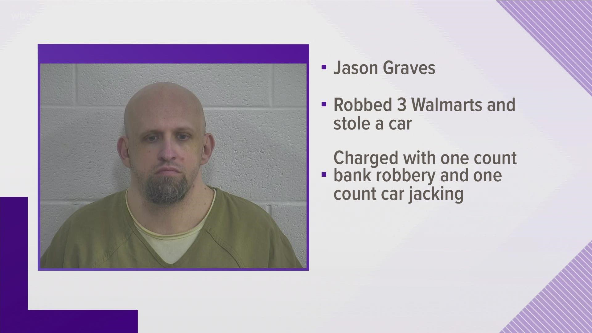 Jason Graves will spend more than 10 years in prison after pleading guilty to robbing 3 Walmarts and stealing a car.