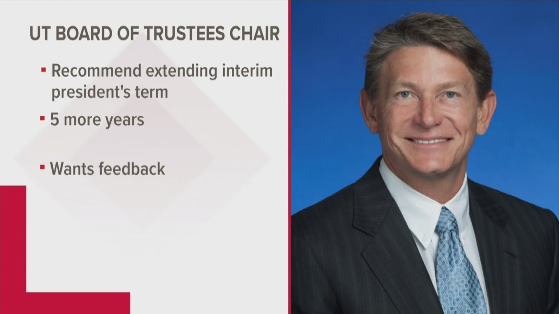 The University of Tennessee Board of Trustees Chair, John Comptom, recommended extending Randy Boyd's term by five years.