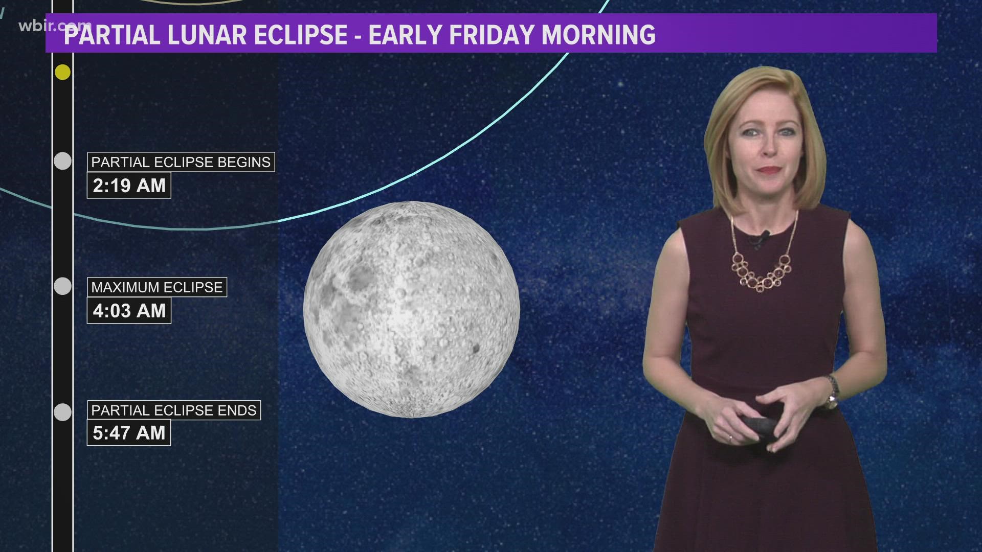 The peak of the partial eclipse will be visible at peak of the eclipse at 4:02 a.m. ET.