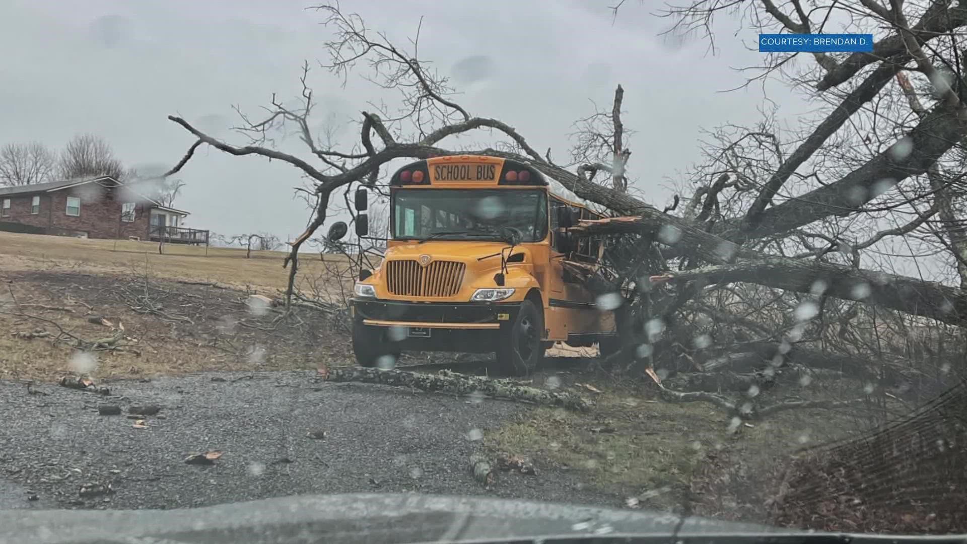 The school district said a tree fell and damaged an empty bus. It happened near New Center Elementary, where the bus was parked.