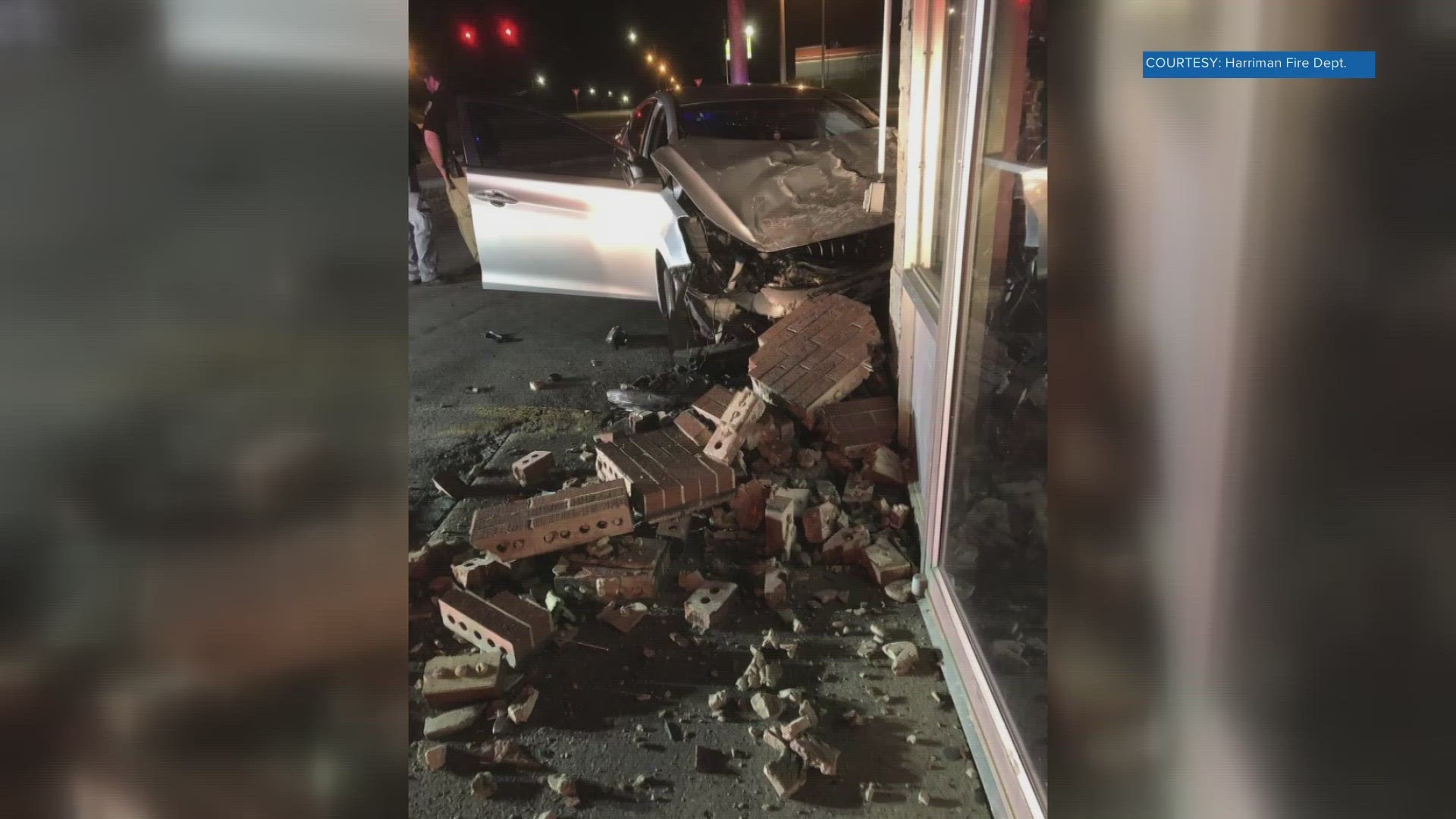 A car lost control and hit a building on South Roane Street around 3 a.m. Sunday, according to the Harriman Fire Department.