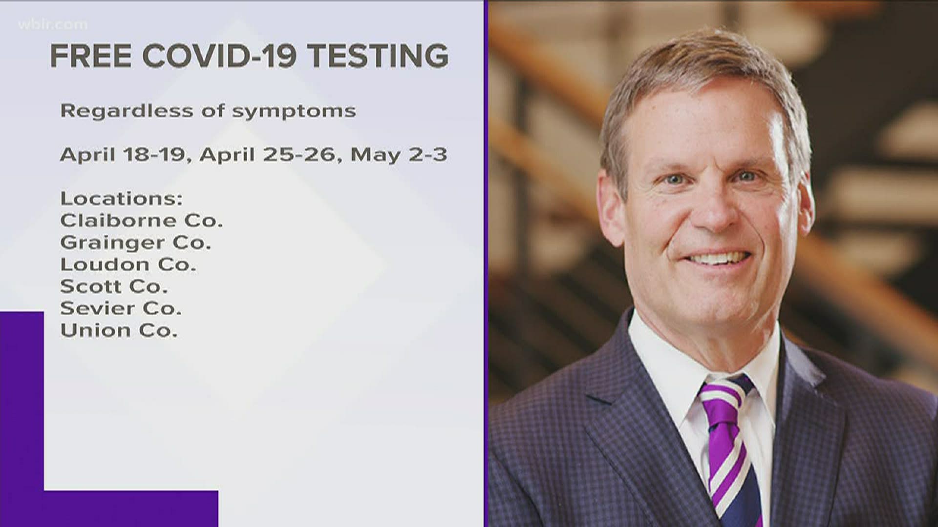 Governor Bill Lee announced free COVID-19 testing for any Tennessean regardless of traditional symptoms.