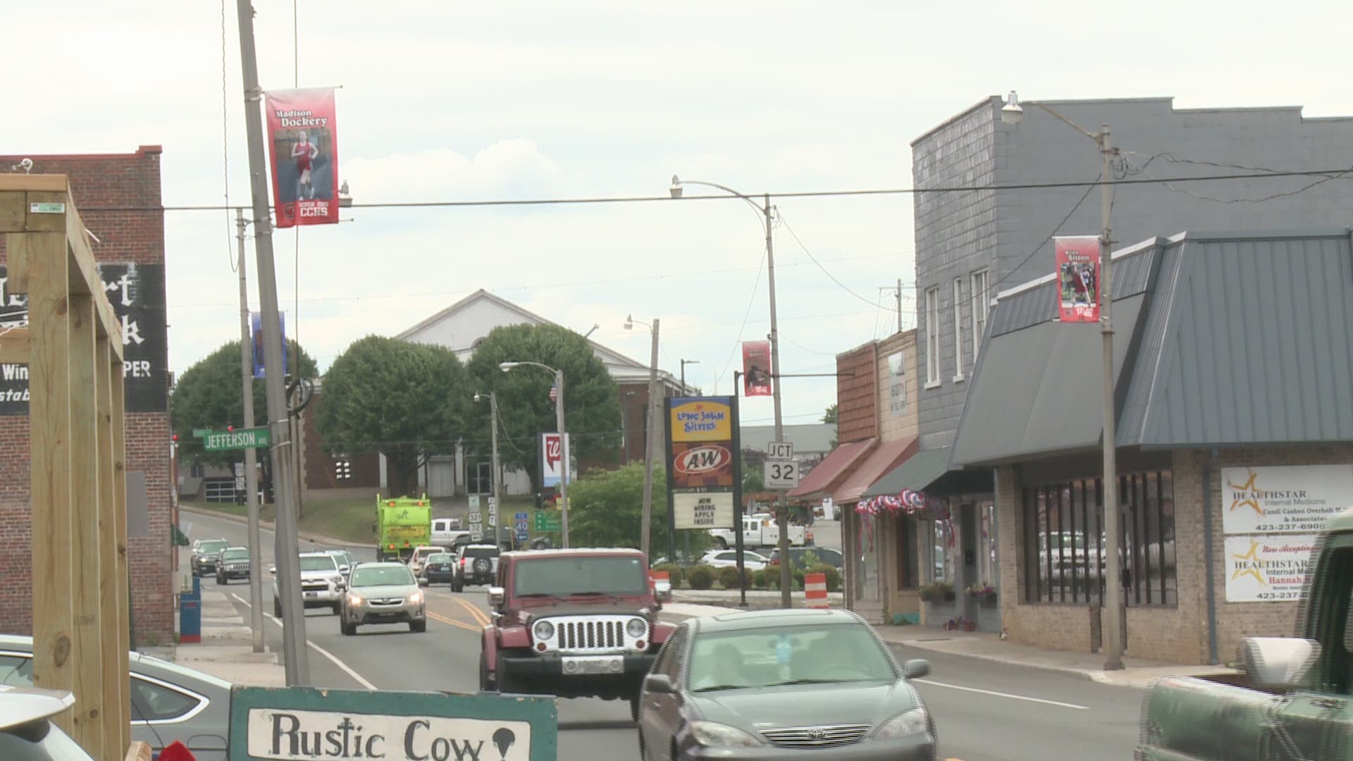 Cosby High School teacher Jeff Fancher created banners to hang in downtown Newport, Tennessee to honor the spring athletes in the class of 2020.