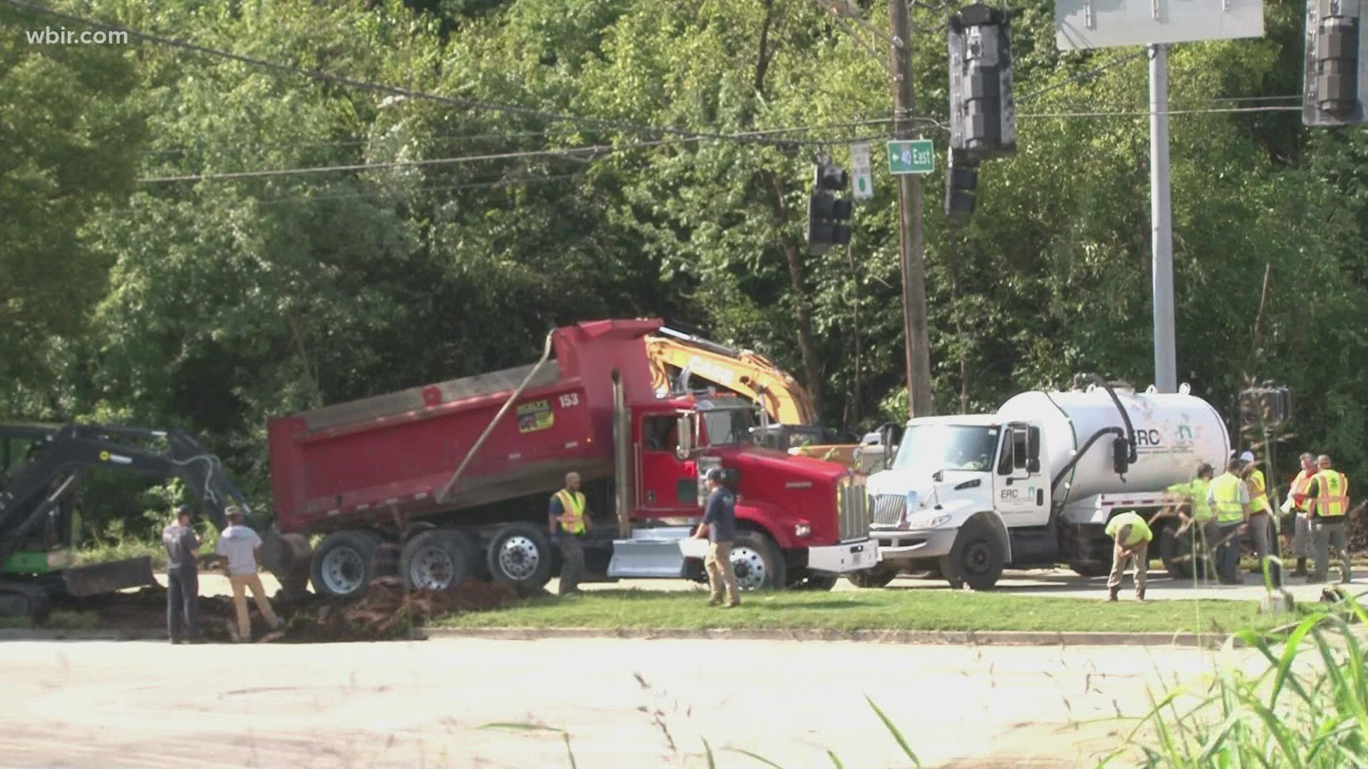 The entrance ramp to I-40 East on Cherry Street remains closed after a diesel tanker truck overturned and started spilling fuel Monday night.