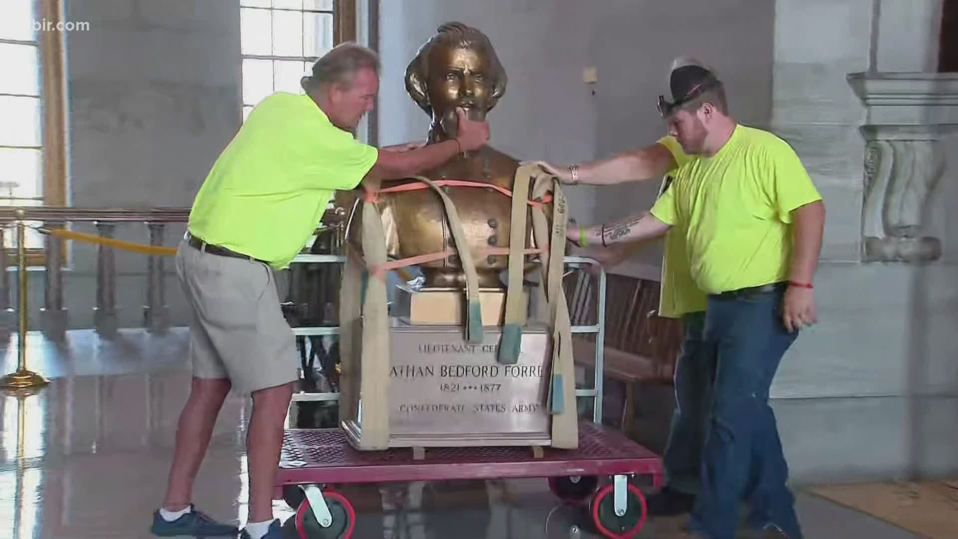 The bust of Confederate general and early KKK leader Nathan Bedford Forrest is now on display at its new spot inside the Tennessee State Museum