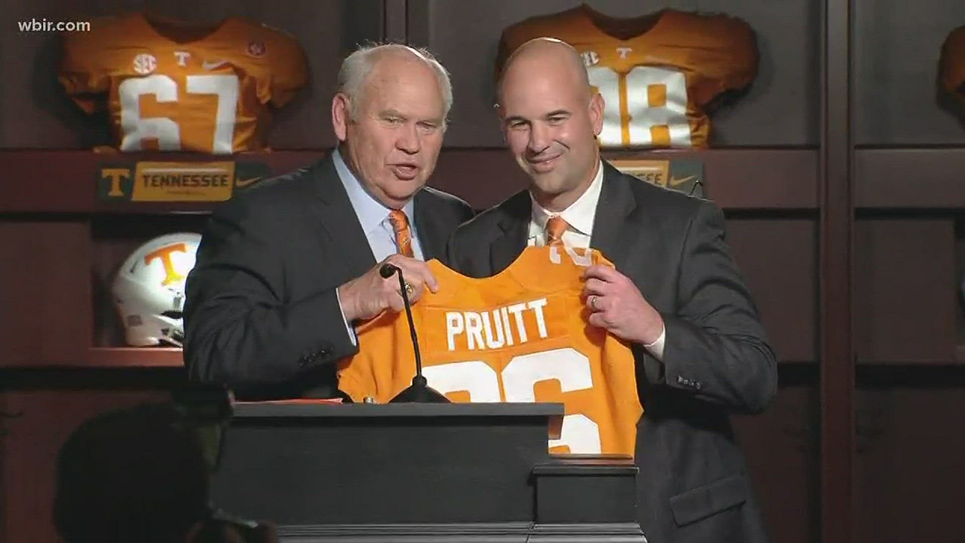 Dec. 7, 2017: Chancellor Beverly Davenport and Director of Athletics Phillip Fulmer introduce Jeremy Pruitt as UT's 26th head football coach.