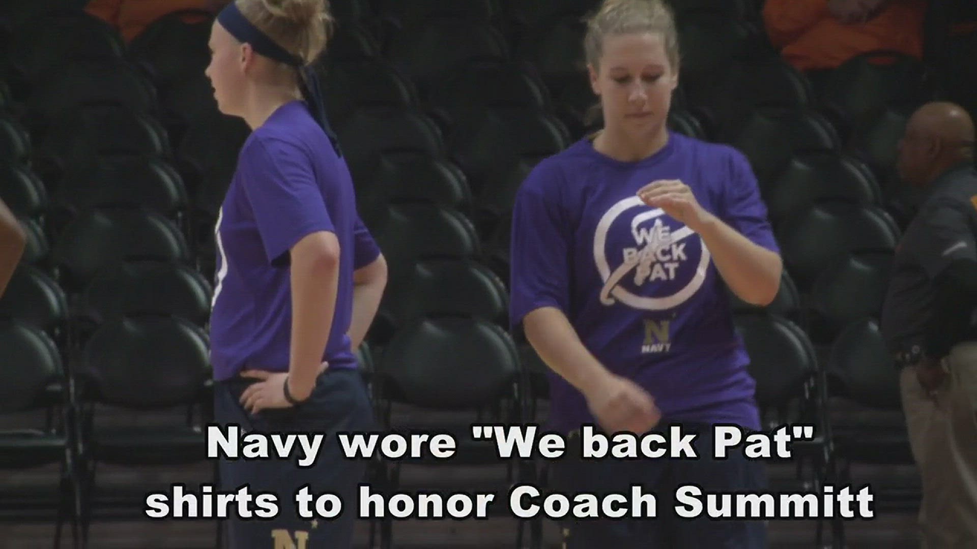The Midshipmen women's basketball team wore "We Back Pat" shirts before Sunday's game against Tennessee.