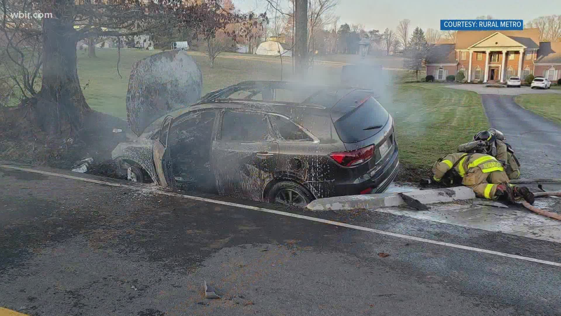 Rural Metro Fire and Knox County Rescue responded to a car crash with a fire in North Knoxville.