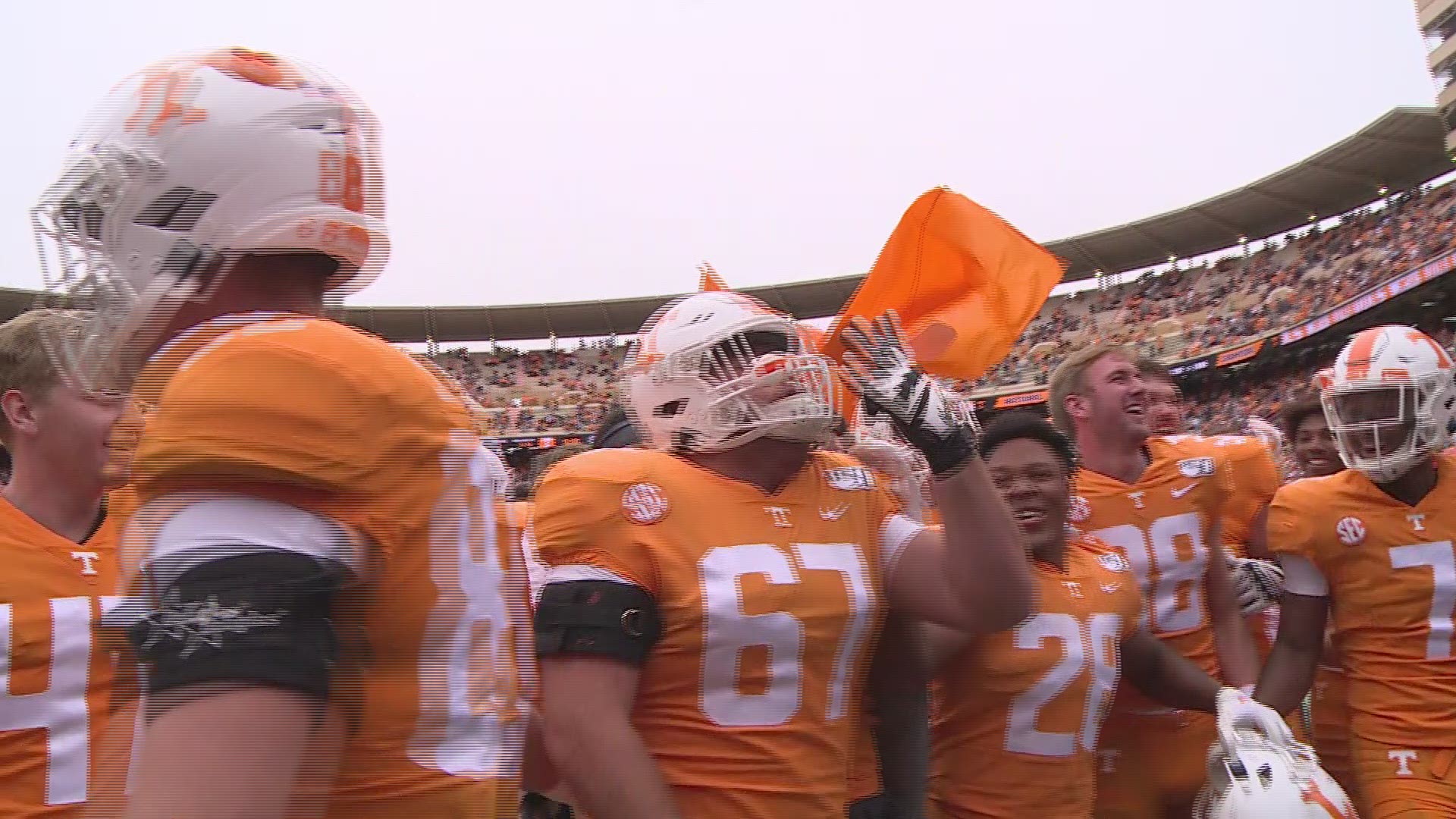 The Vols celebrate their first SEC win of the season and the students sing Rocky Top.