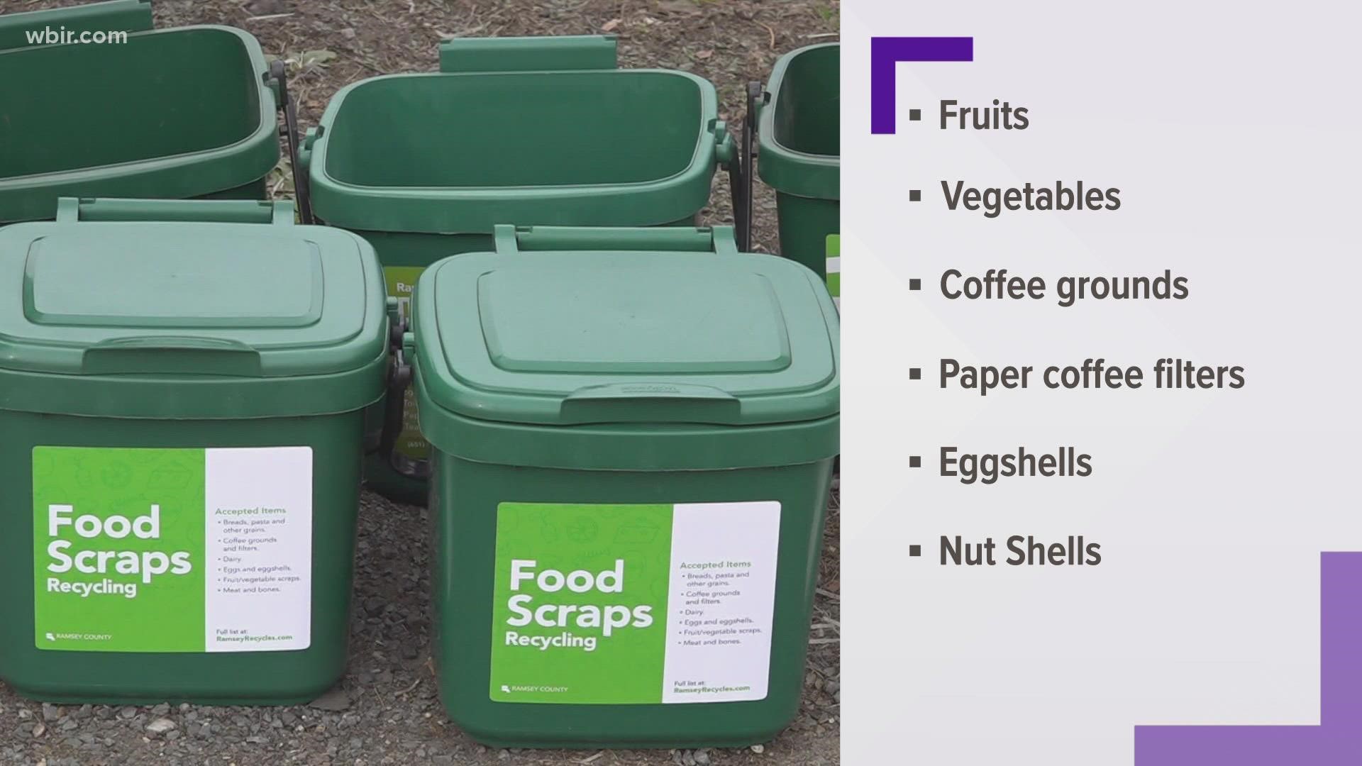 Acceptable items for composting include fruits, vegetables, coffee grounds, paper coffee filters, eggshells and nut shells.