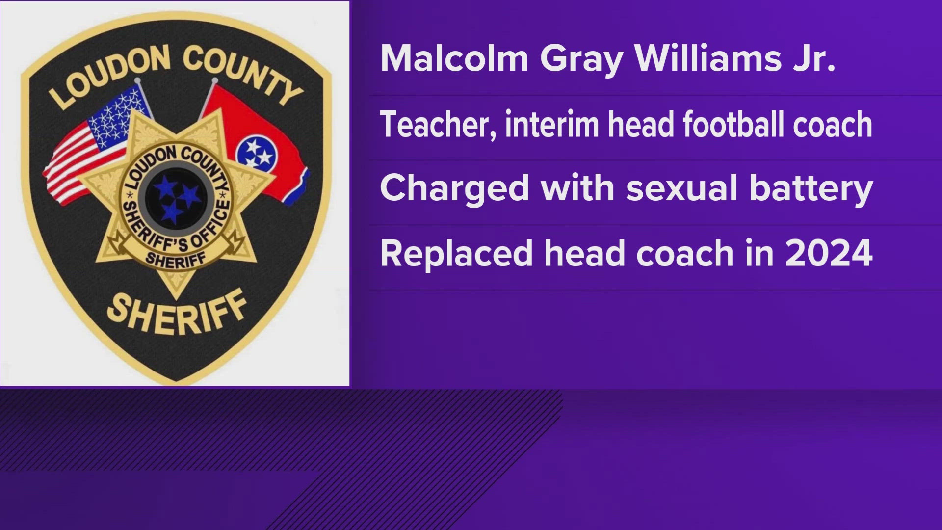 Malcolm Gray Williams Jr. was taken into custody on May 7 and charged with sexual battery after the allegation was reported to the Loudon County Sheriff's Office. 