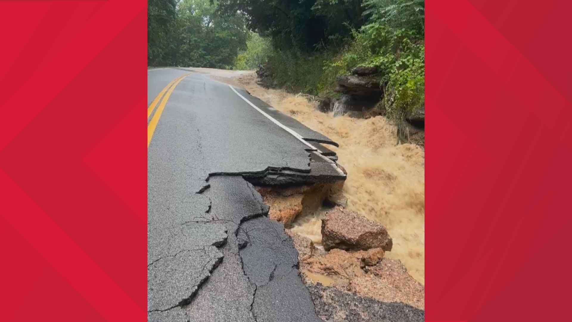 Kaeden Edwards shared photos and video on Facebook of Highway 52 flooding. Pieces of the washed-out road were scattered around.