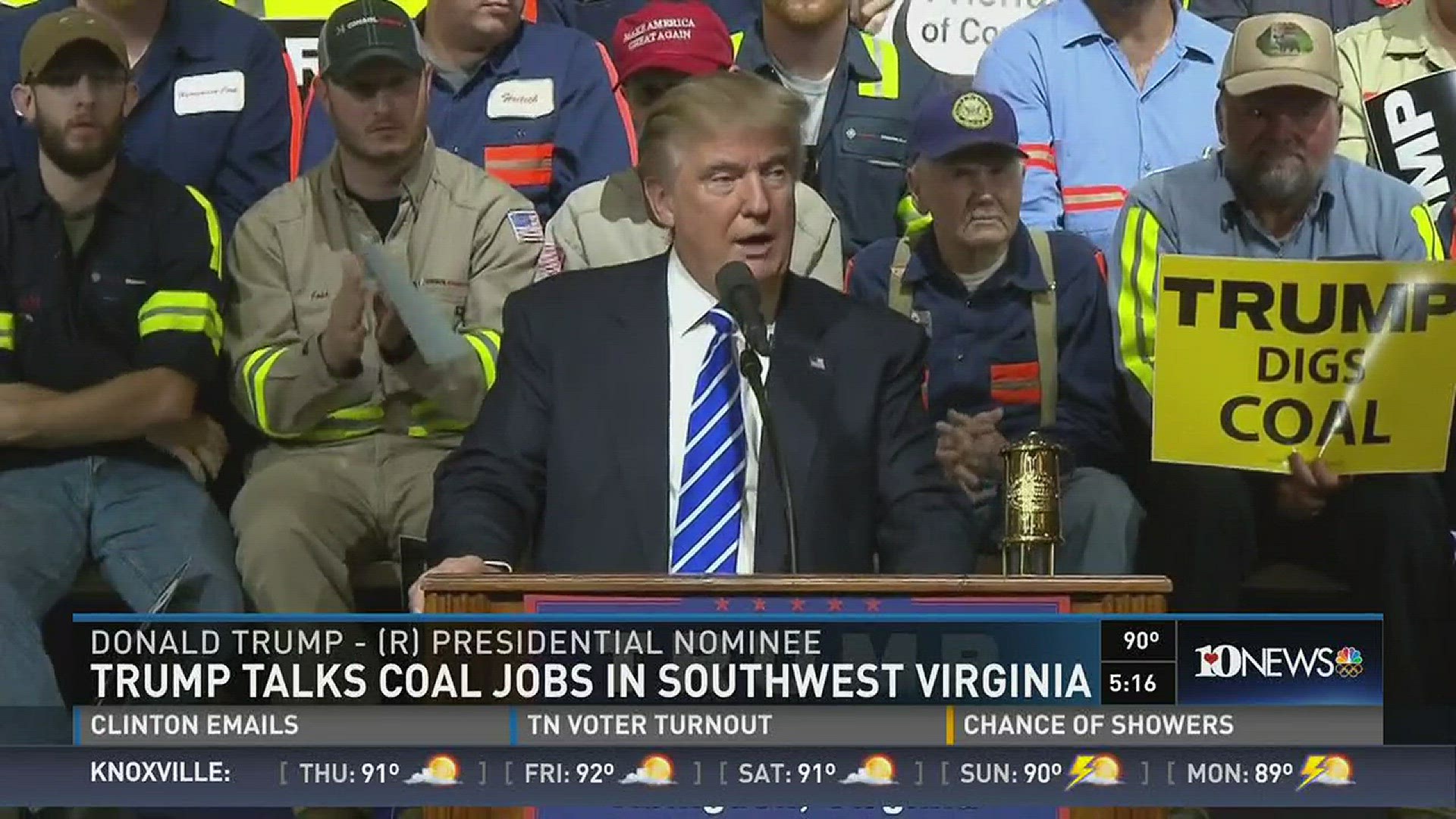 Donald Trump spoke to a crowd in Abingdon, Virginia on Wednesday about keeping jobs in coal country. August 10, 2016.