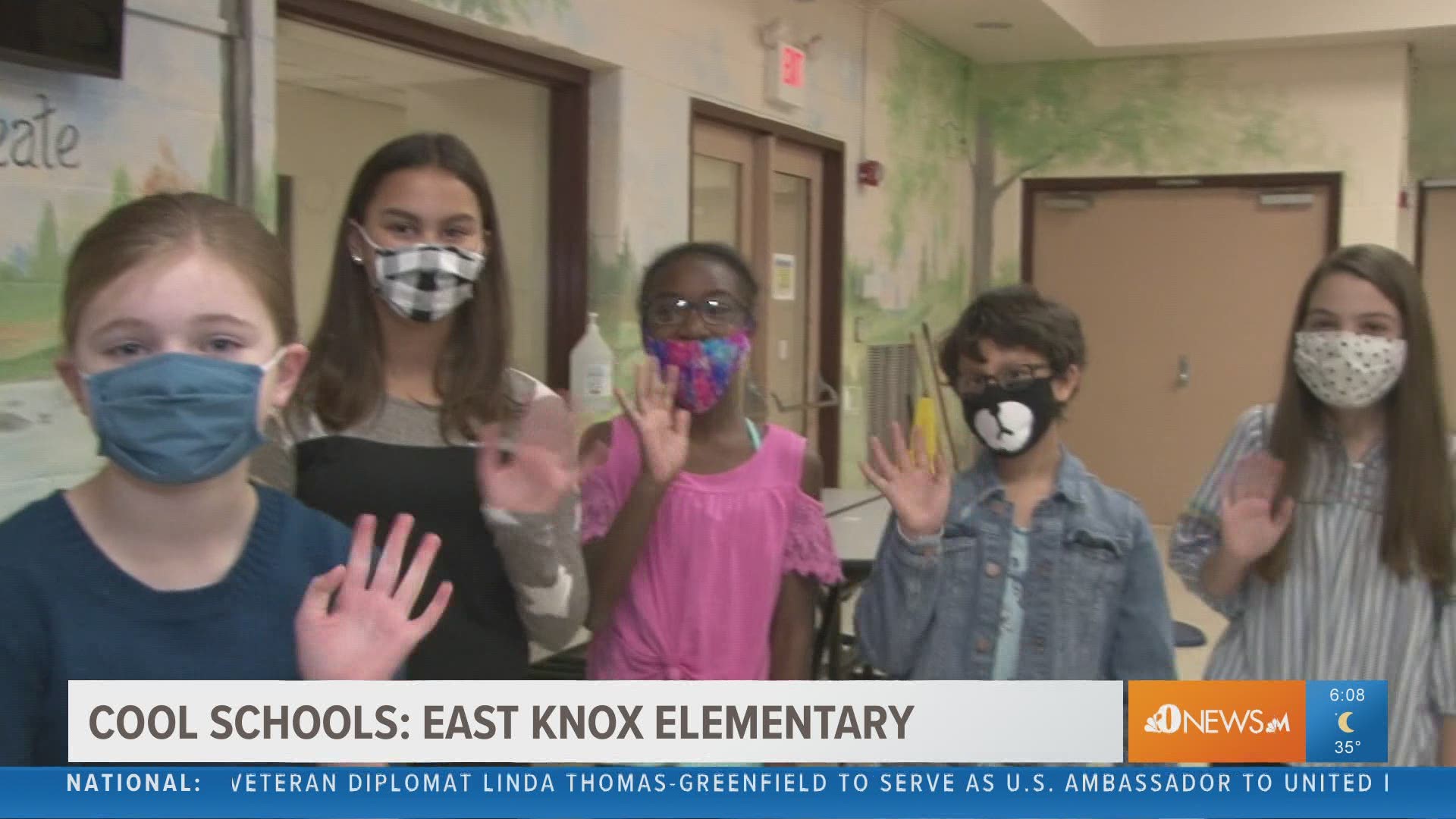 10news meteorologist Rebecca Sweet talks with East Knox Elementary's kindness crew.
