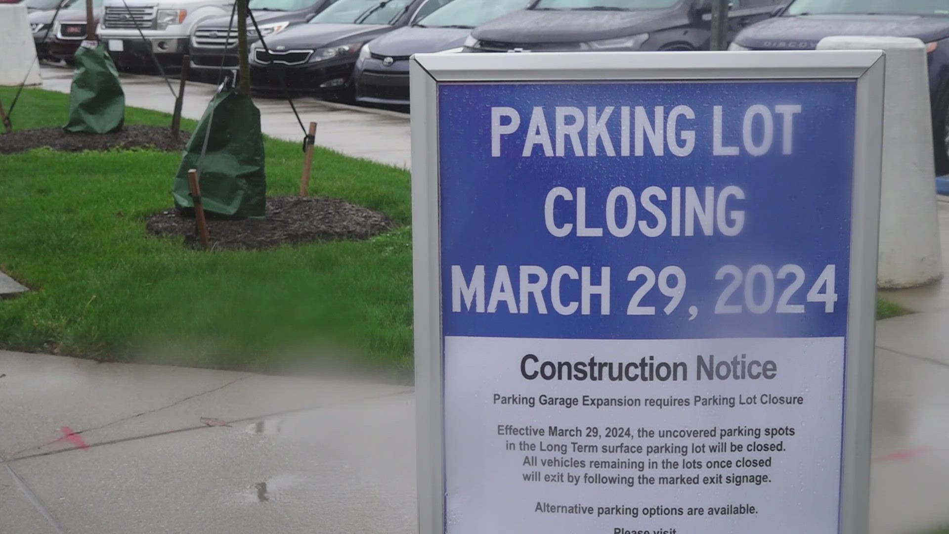 A section of the airport's long-term lots is closed so crews can build a new garage.