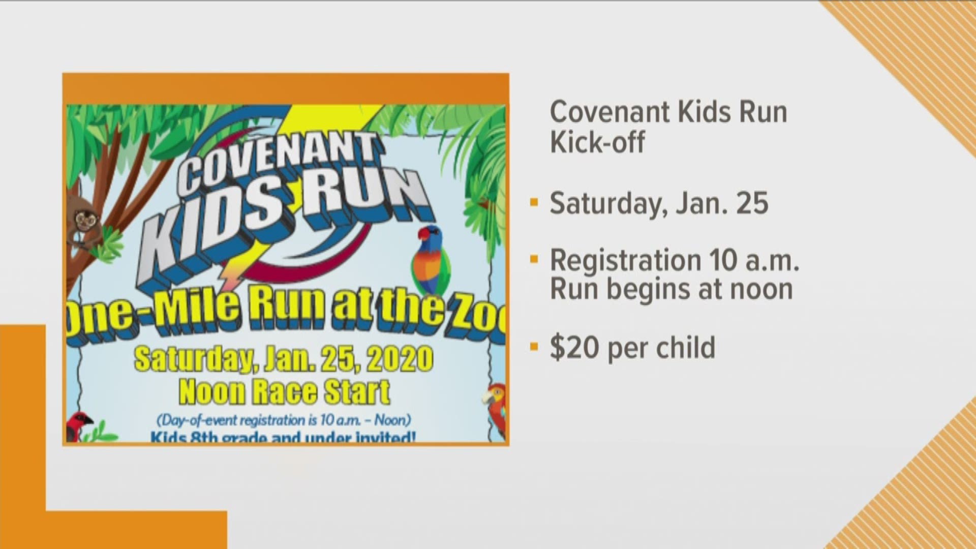 The annual Covenant Kids Run Kickoff at Zoo Knoxville is Jan. 25. You can register for $20 per child, the fee also includes registration for the March 28 event.