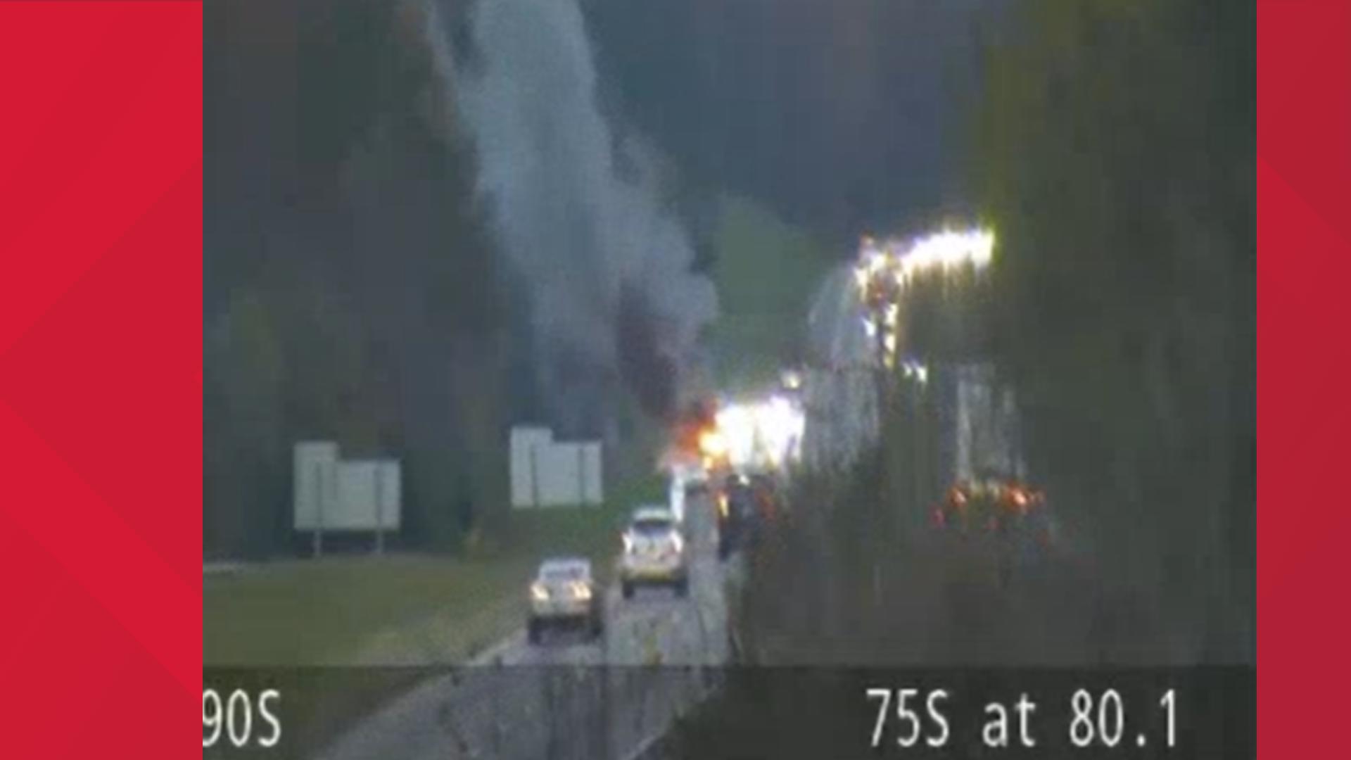 A vehicle engulfed in flames could be seen on TDOT's Smartway cameras near the Lenoir City exit.