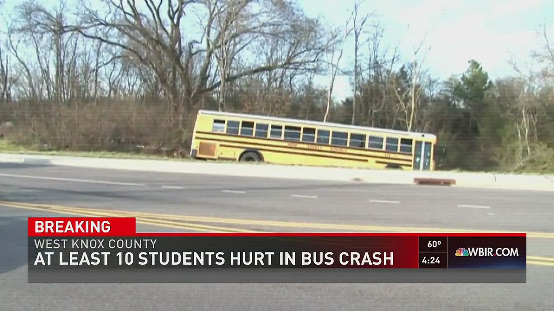 75 kids were on bus #114 from Cedar Bluff Elem. when the bus crashed off Cedar Bluff Road. At least 10 kids were transported to the hospital for minor injuries.