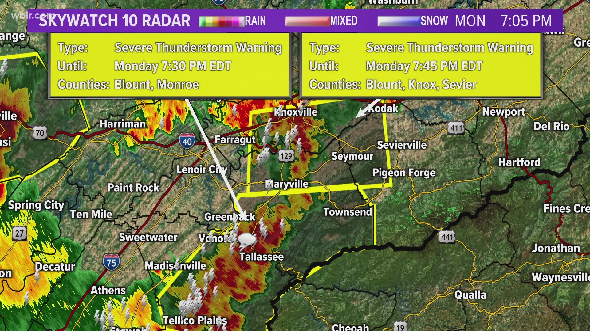 A severe thunderstorm warning is in effect for Knox, Blount, Sevier County until Jun 21 7:45PM.