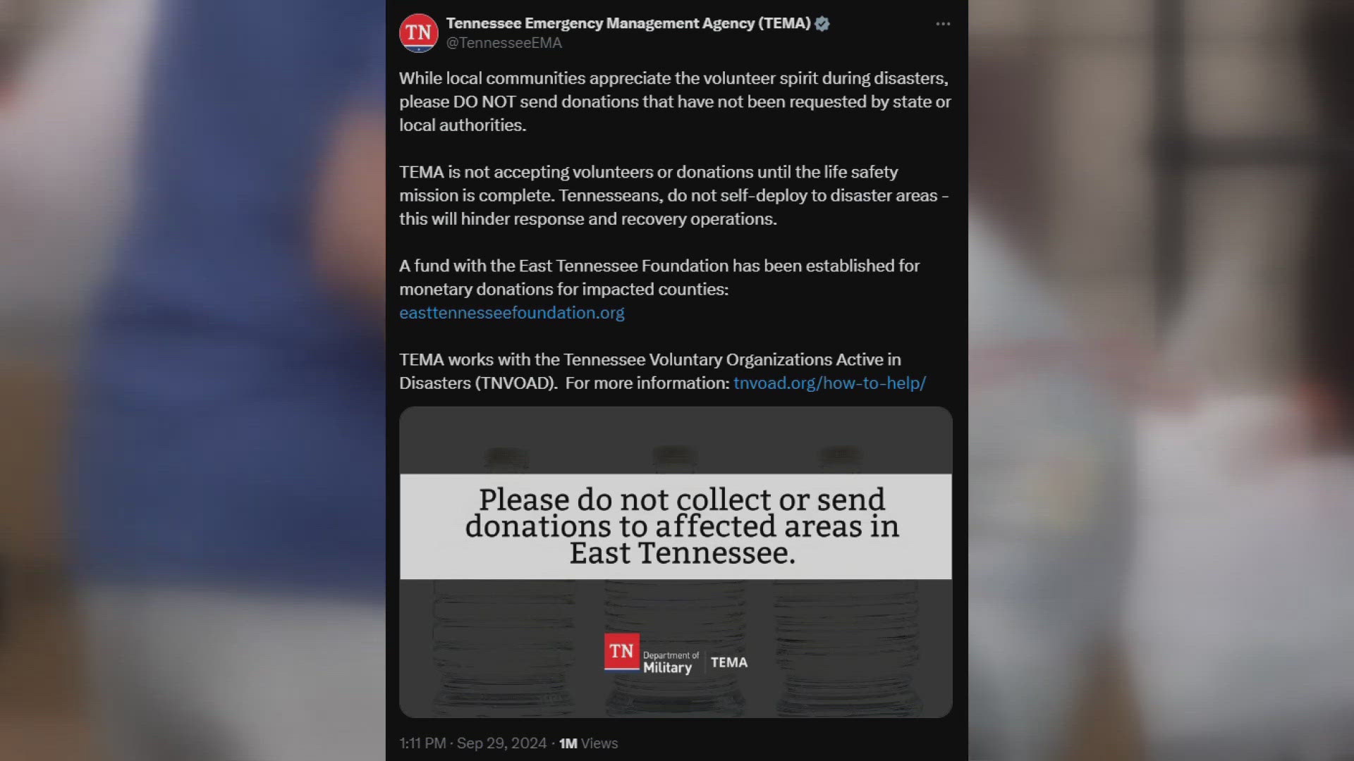 TEMA director said some counties now have more donations than they know what to do with and in that case, it can make it more difficult for those in need to get aid.