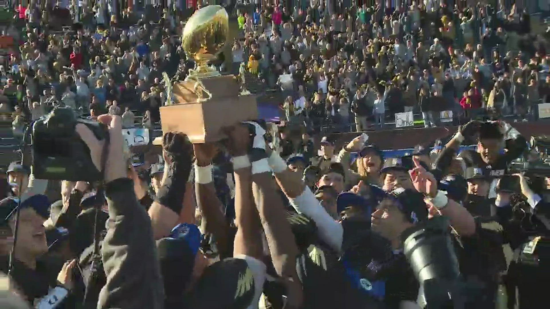 Led by former Powell head coach Derek Rang, the Dresden Lions lift the gold ball, winning their first state championship after beating Greenback 62-27 in the 1A title game.