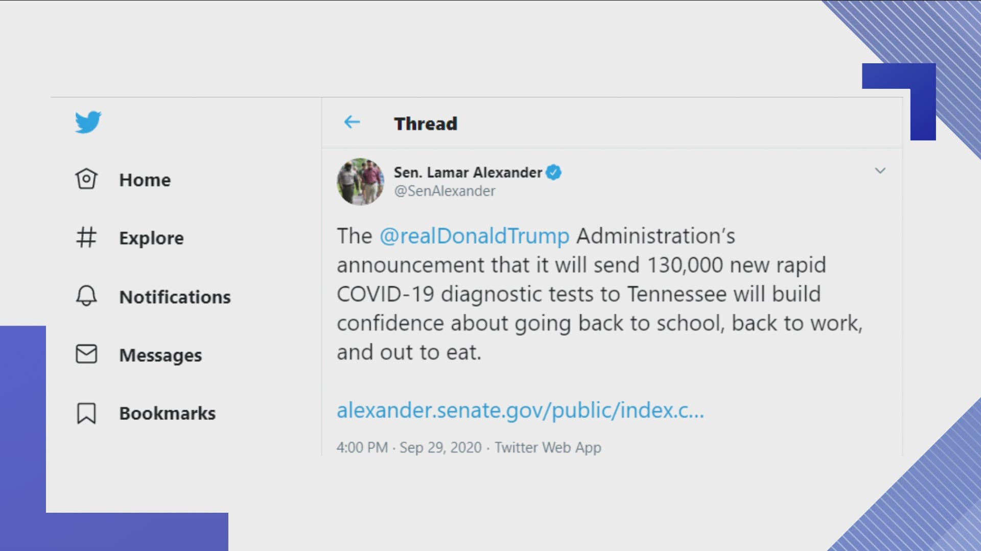 Senator Alexander posted a tweet about the federal officials sending the tests early on Tuesday.