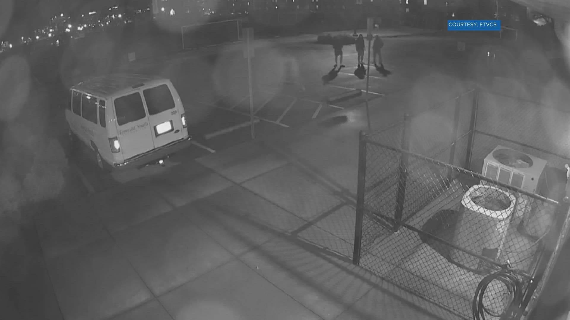 In security camera footage, a person is seen running directly into the van. They left a major dent in the van's door.