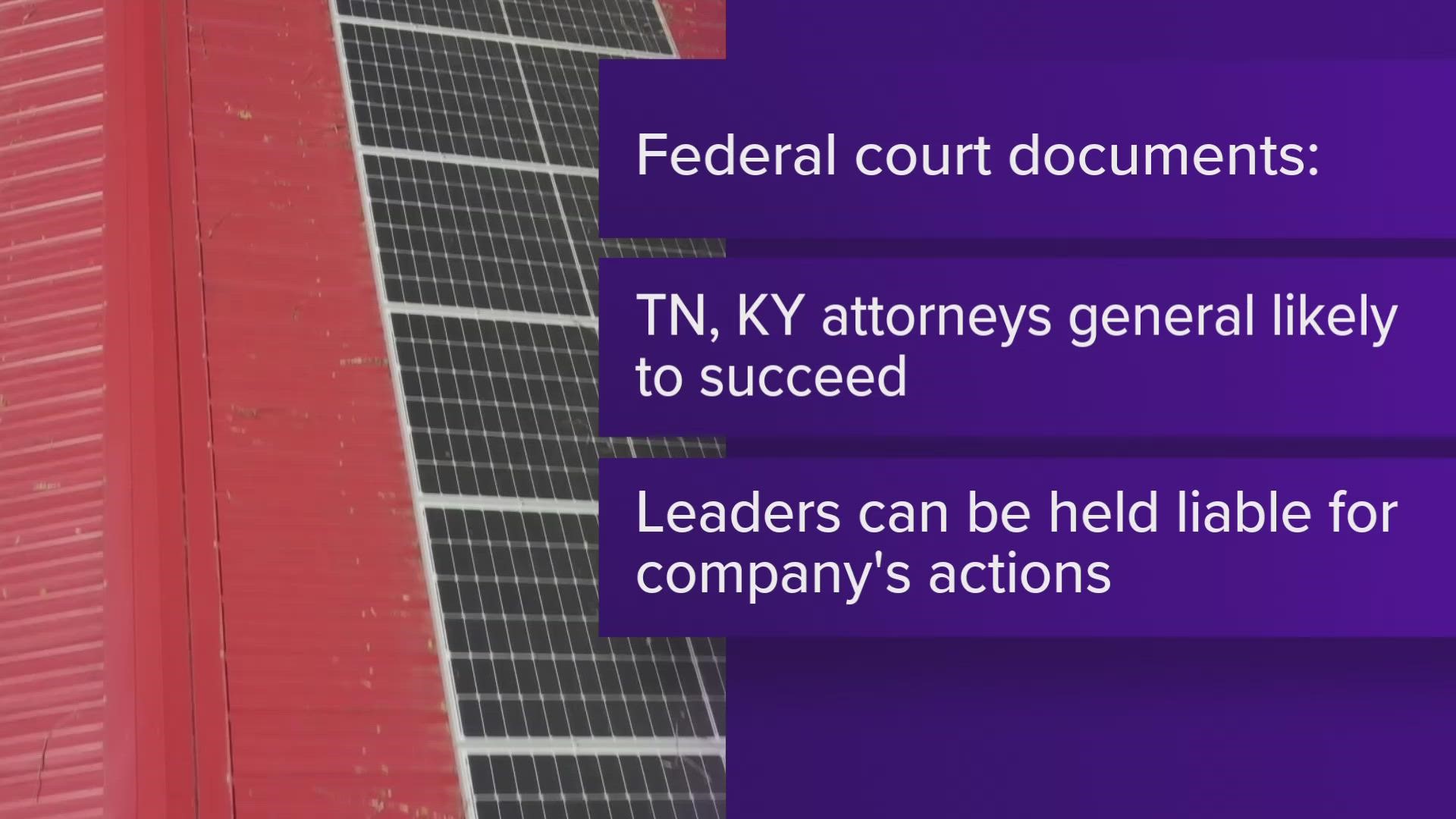 A judge ruled that Tennessee and Kentucky attorneys general are likely to succeed in their lawsuit against Solar Titan USA