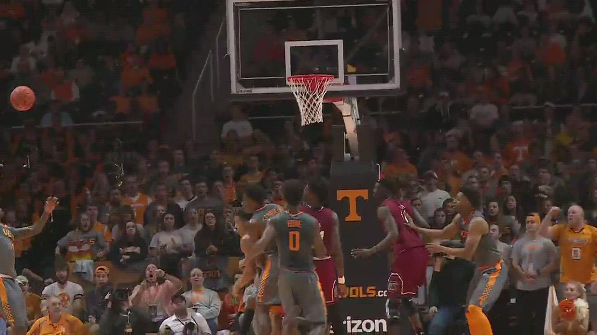 Tennessee freshman forward Grant Williams had three blocks in less than a minute towards the end of the first half of the Vols game against South Carolina on Wednesday.