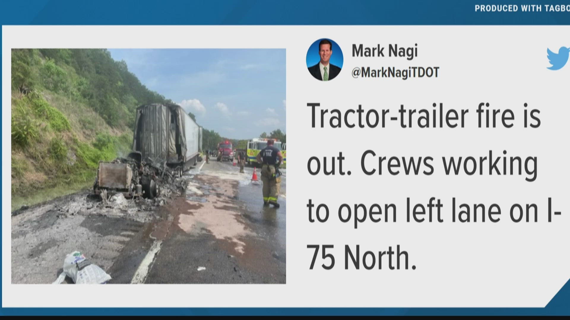 The vehicle fire was reported to TDOT at around 4:09 p.m. Eastern time. According to images from officials, a tractor-trailer had caught fire.