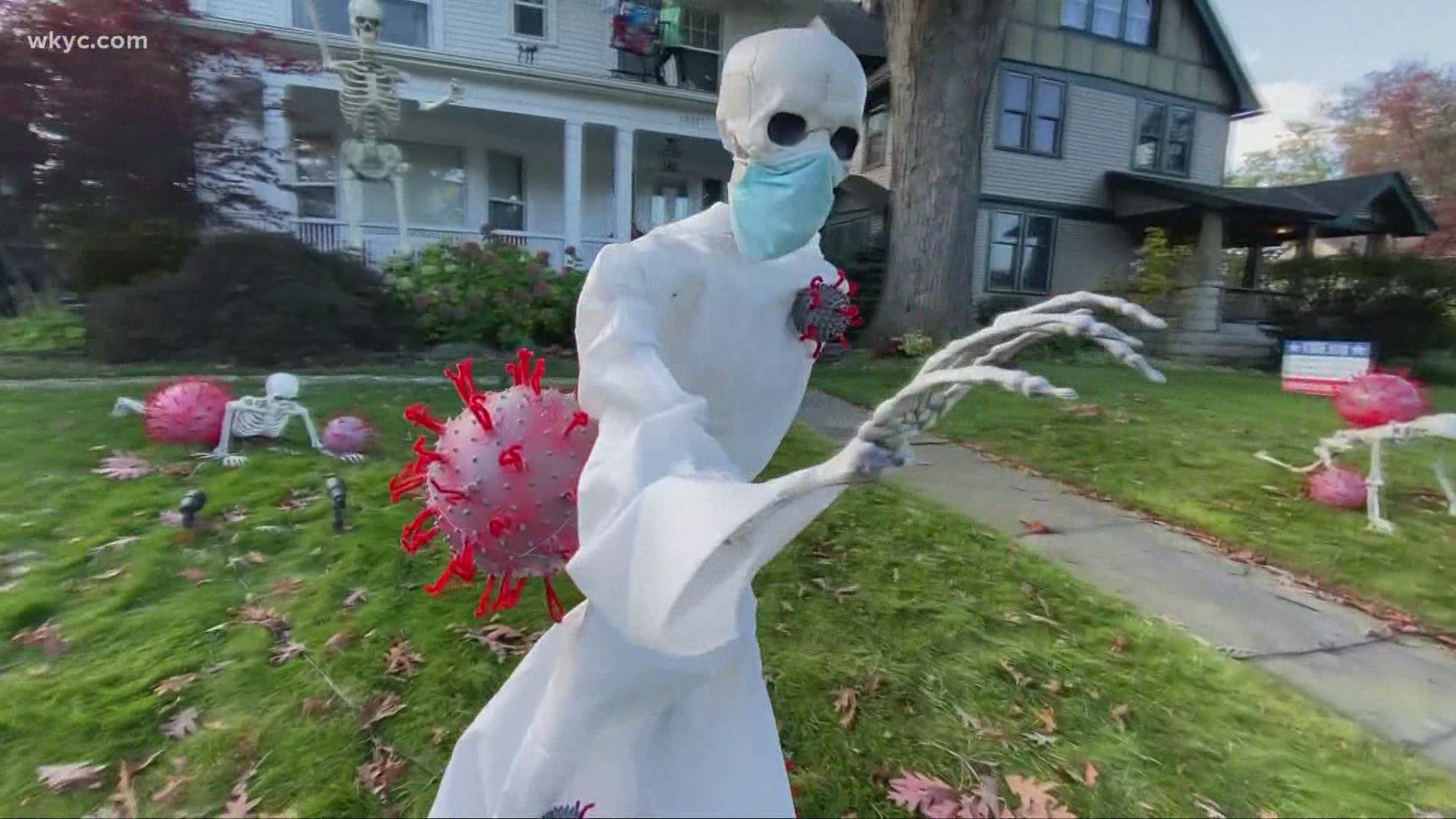 Oct. 20, 2020: This Cleveland house is turning heads in a big way. They've decorated for Halloween using skeletons and some COVID-19 satire.