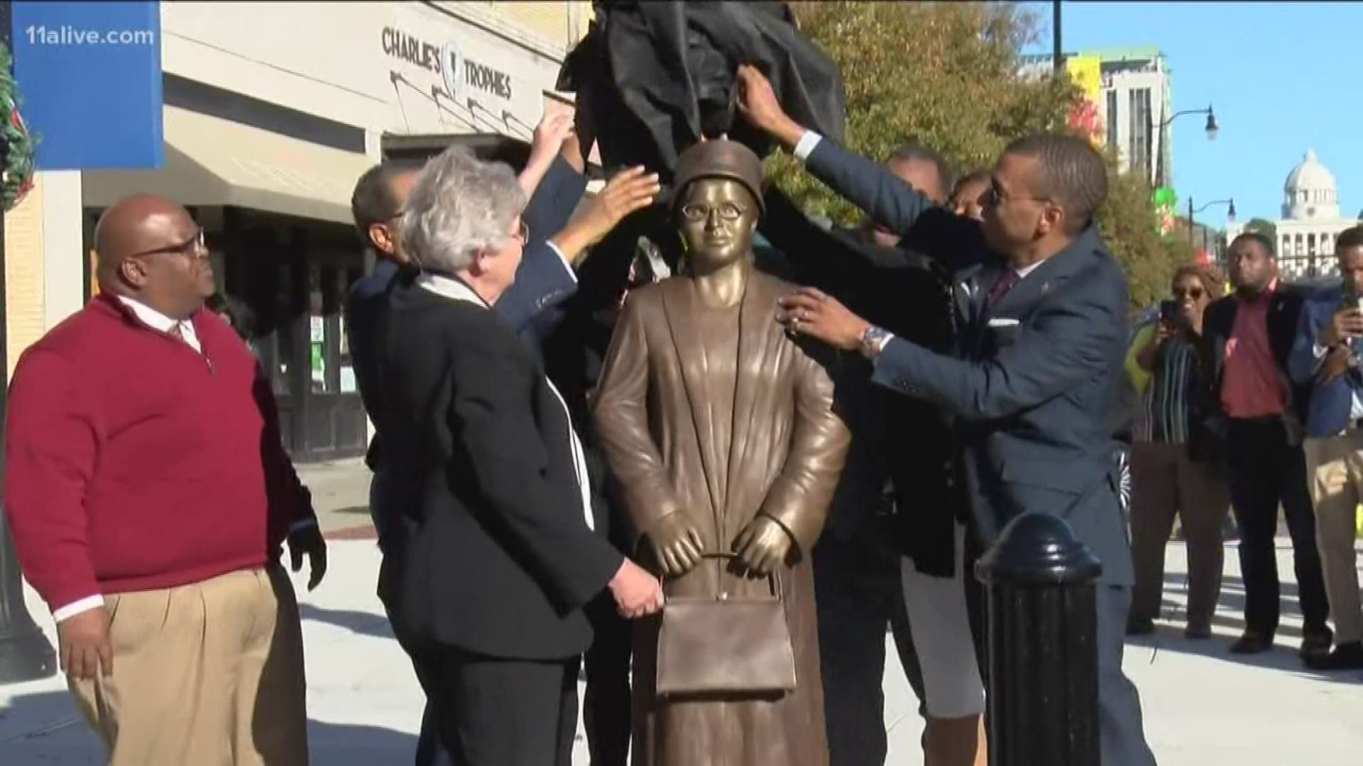 A statue of Rosa Parks was dedicated in Alabama’s capital Sunday, the 64th anniversary of her historic refusal to give up her seat on a public bus to a white man.